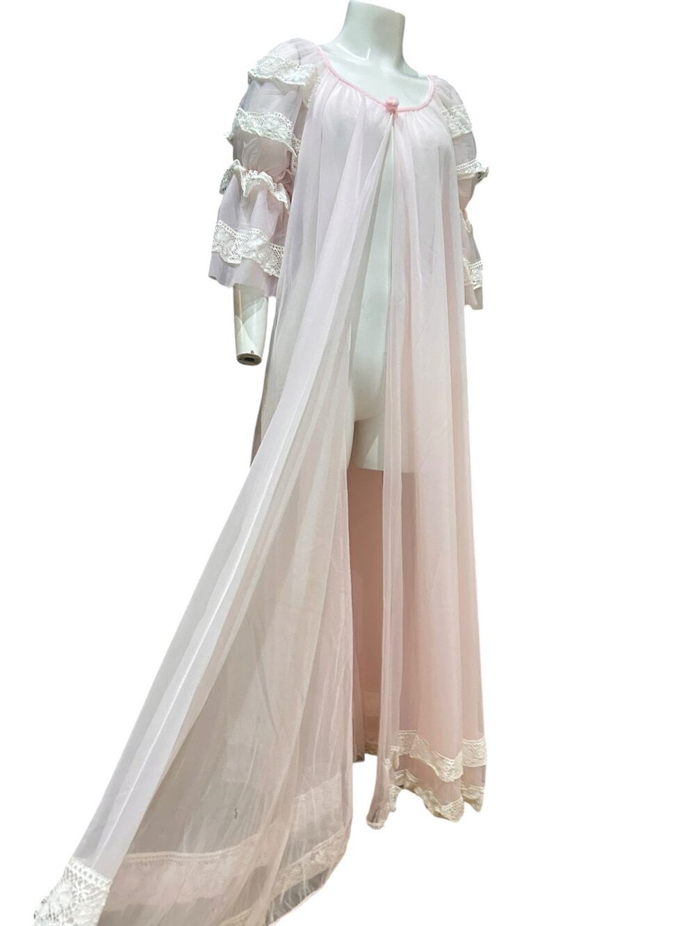 Vintage 60s Pink Sheer Peignoir Robe Lace Ruffle Sleeve Nylon Small -